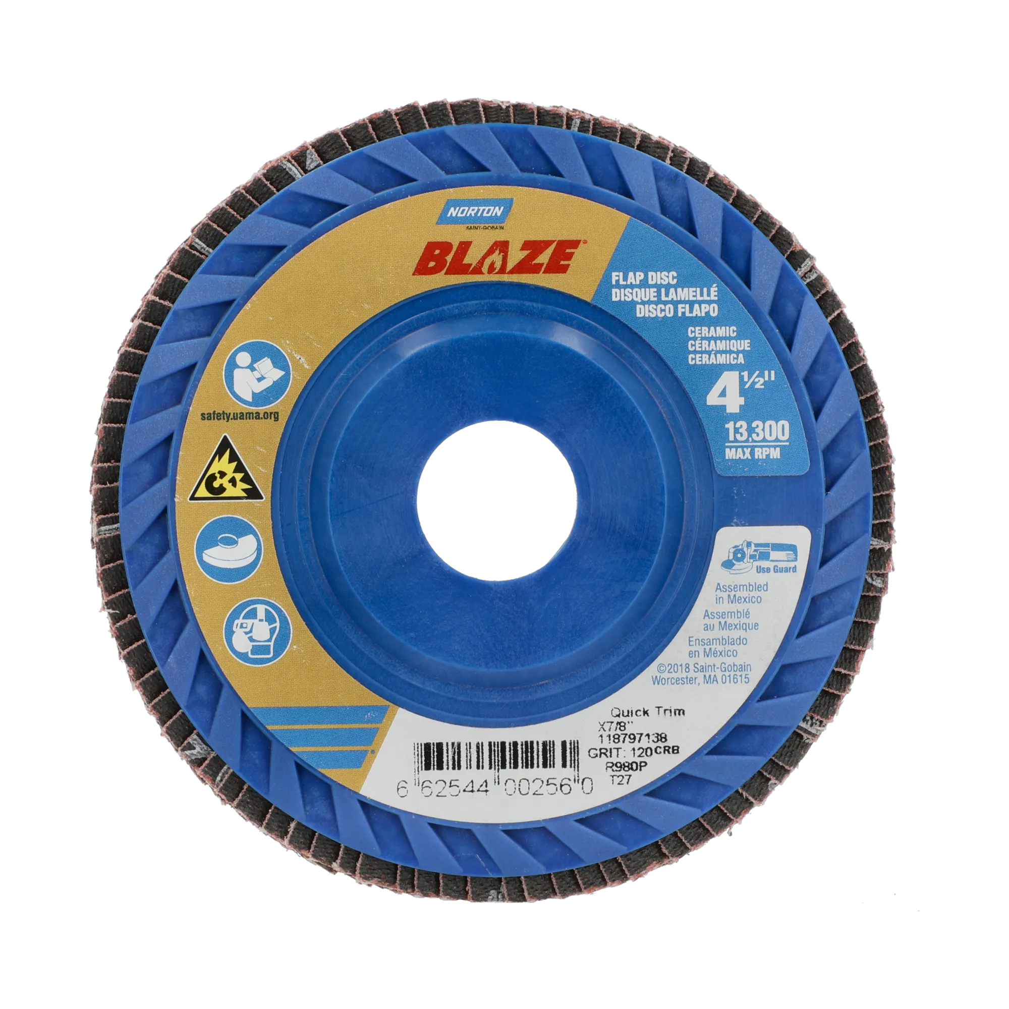Norton 4-1/2 x 7/8 In. Blaze Plastic Flat Flap Disc T27 120 Grit R980P CA 10 Count