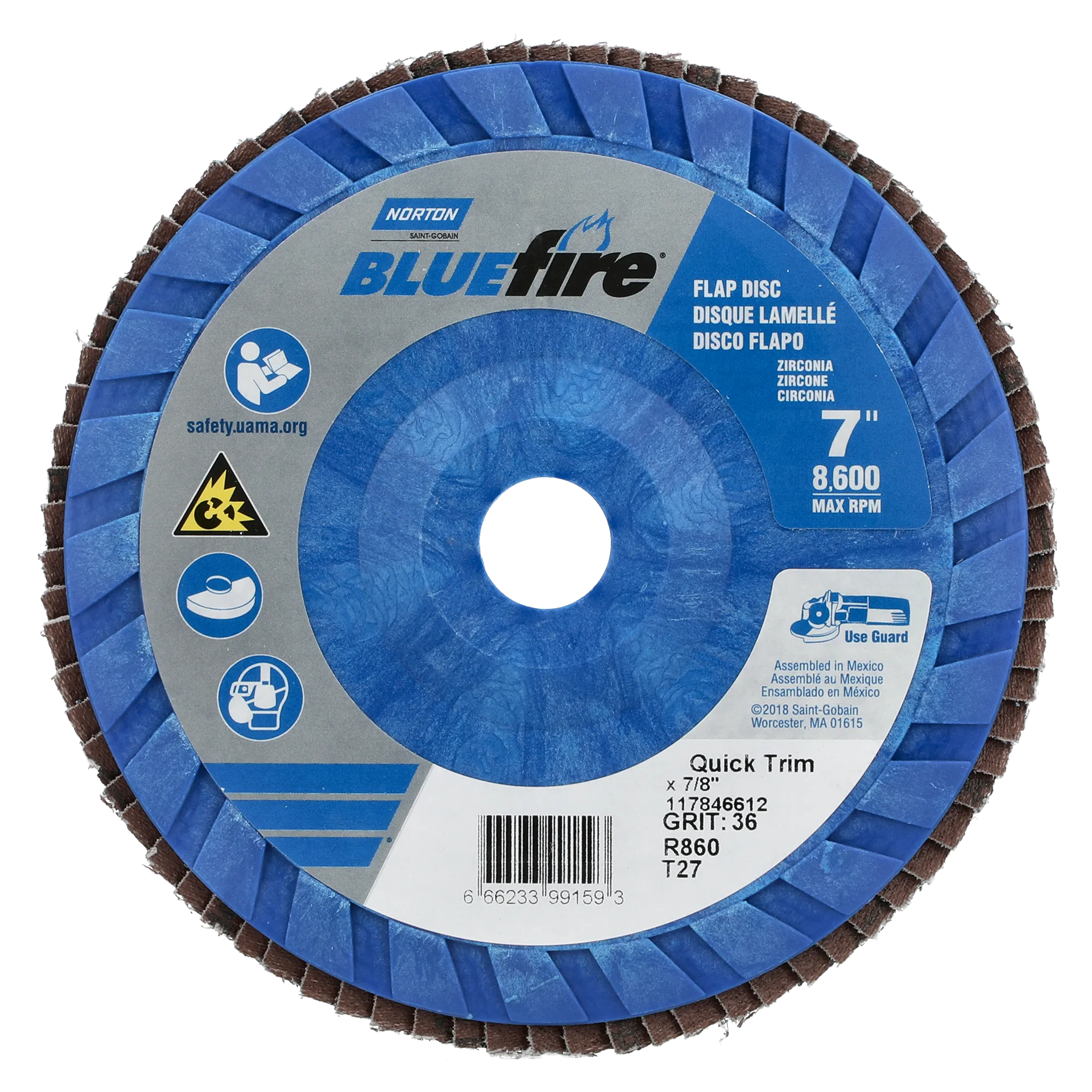 Norton 7 x 7/8 In. BlueFire Plastic Flat Flap Disc T27 P36 Grit R884P ZA 10 Count